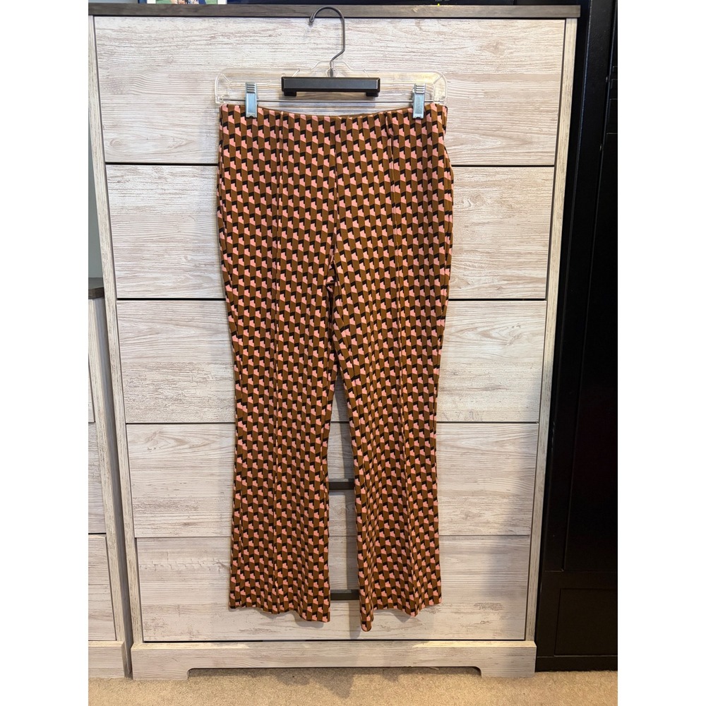 Maeve Anthropologie The Margot Kick Flare Pants Geometric Print Brown Pink XS - Picture 3 of 7